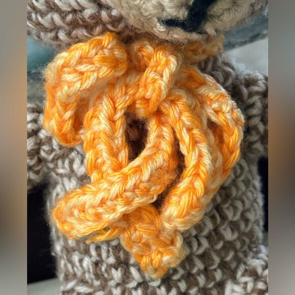 Handmade Crochet Stuffed Two Tone Brown Teddy Bear Stuffy Toy with Orange Scarf - Picture 5 of 12